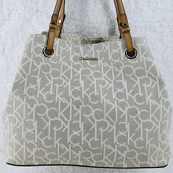 Calvin Klein Large Tan Monogram Shoulder Bag Shopper Tote with Tan Trim - Picture 2 of 16